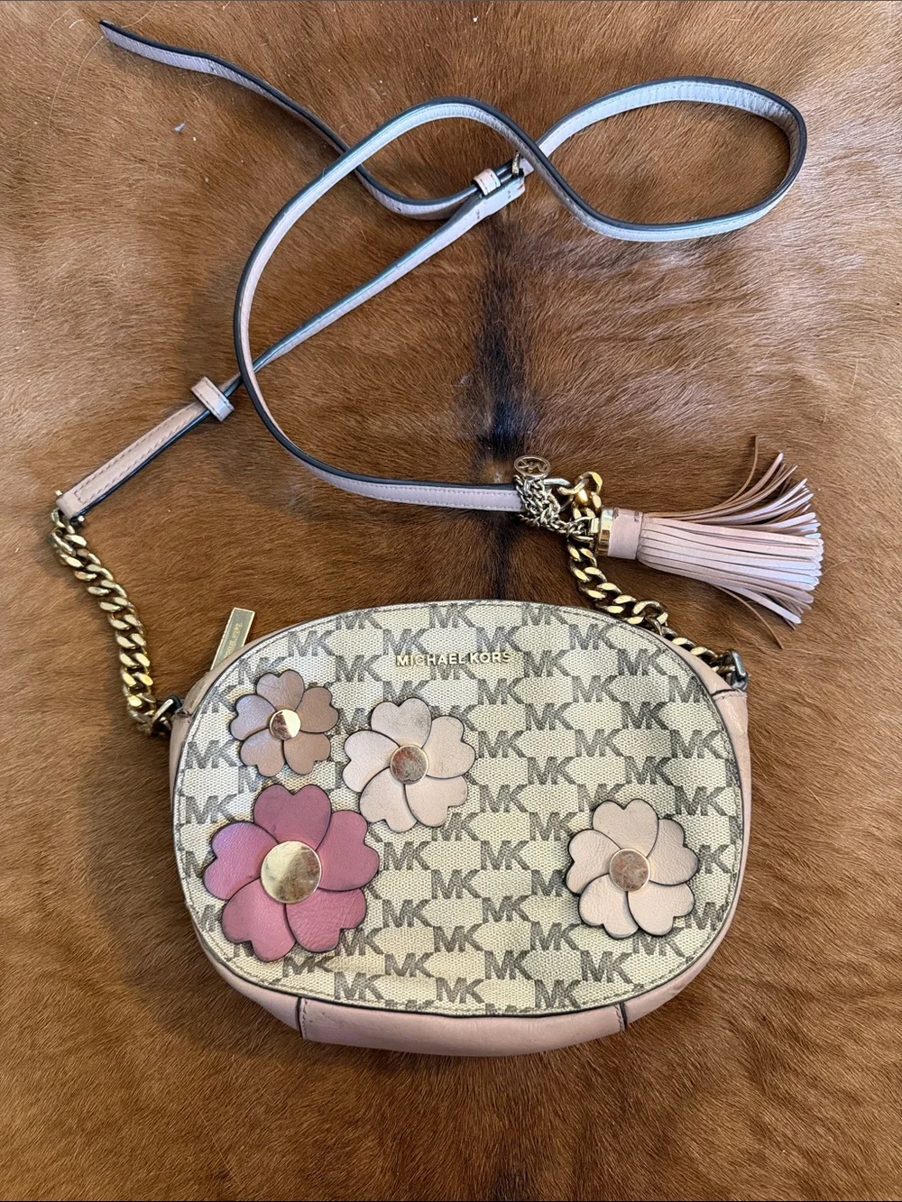 $298 Michael Kors Old Rose Signature Leather Floral Applique Ginny Crossbody Bag